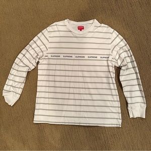 Supreme - White & Grey Striped Long Sleeve T-Shirt